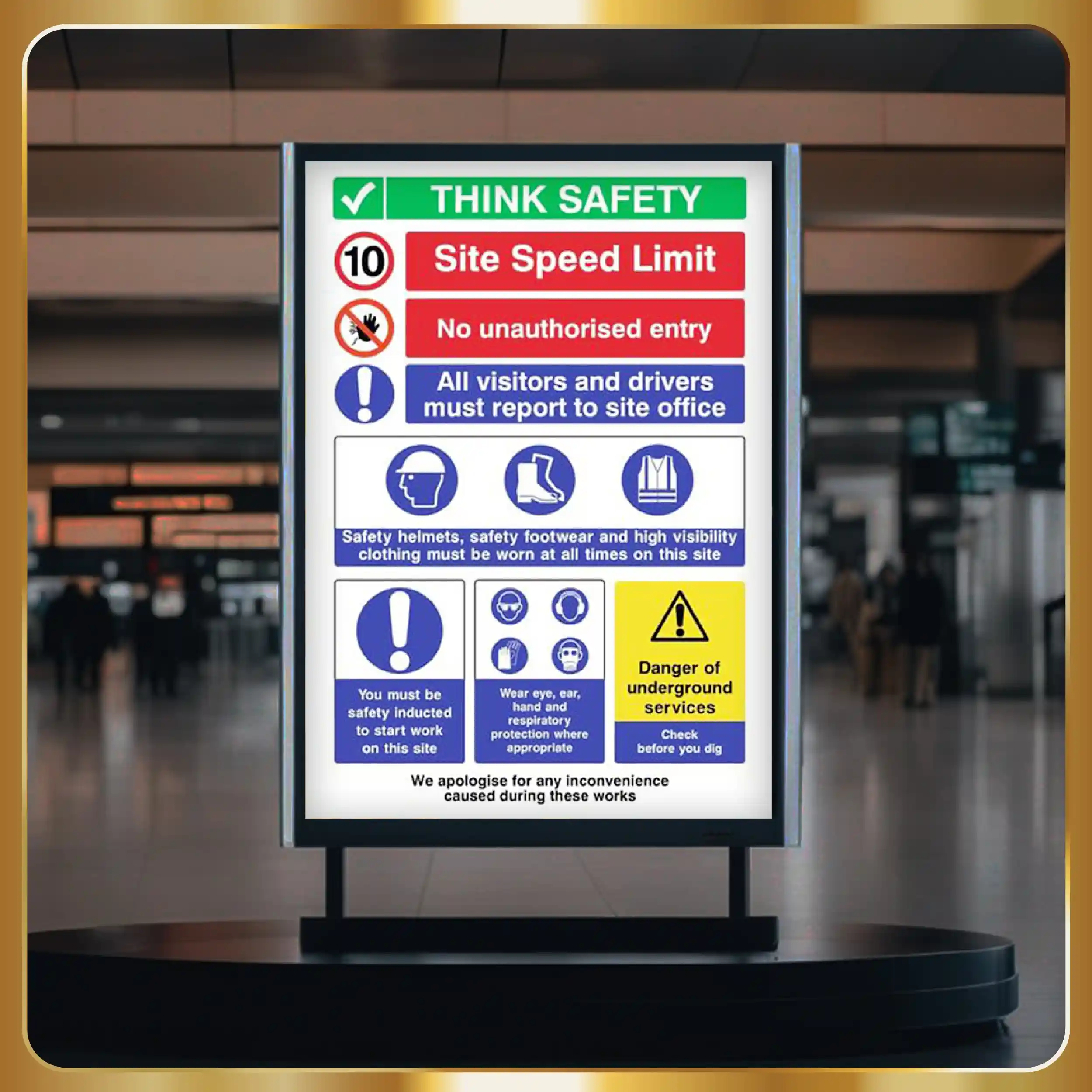 An airport kiosk with information on it.